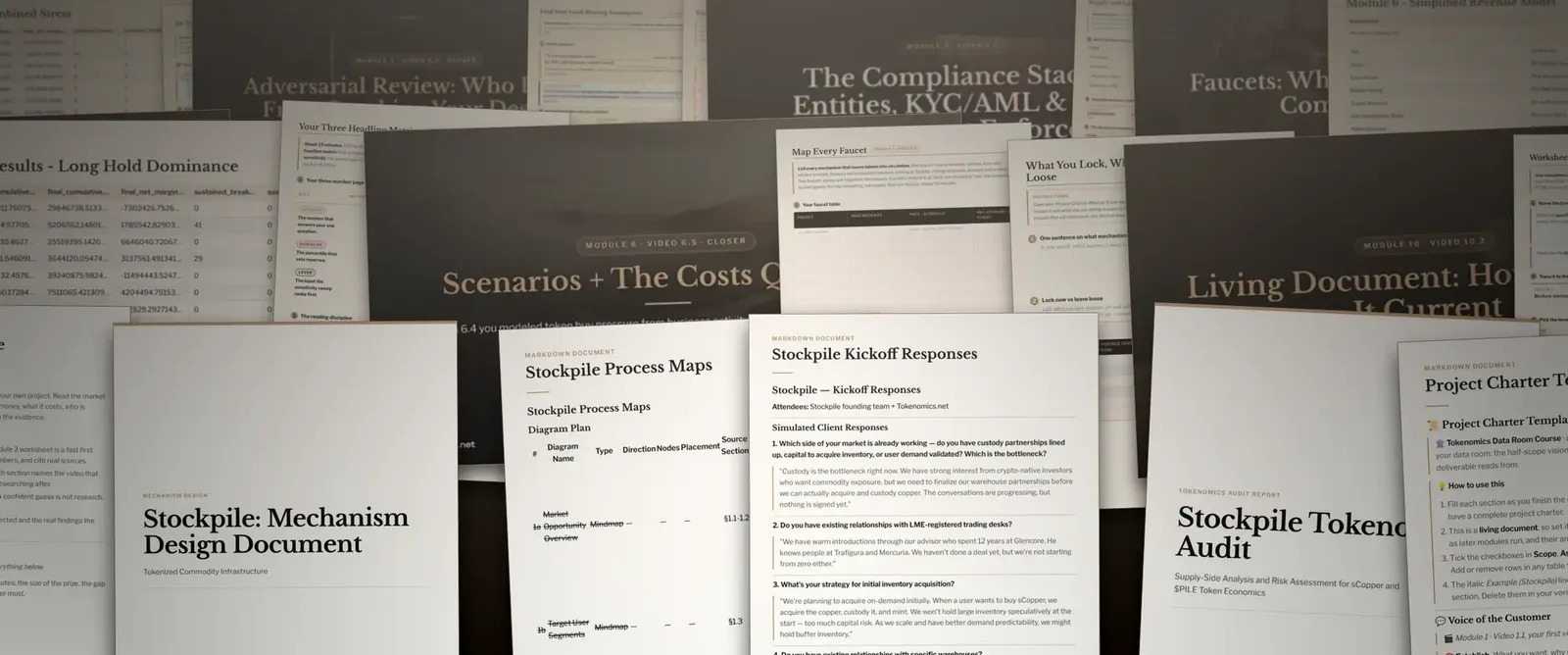 The finished Stockpile deliverables staggered in a stack: the mechanism design document, the process maps, the kickoff responses, the tokenomics audit and the project charter.