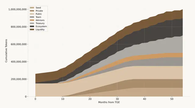 Stacked area chart of cumulative tokens vested by stakeholder group over 54 months from TGE.