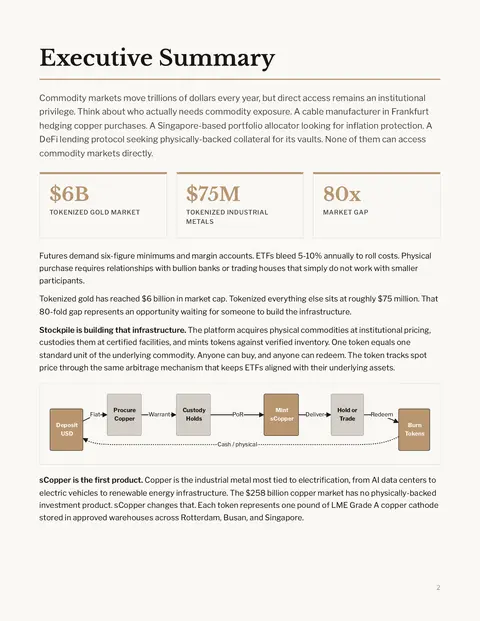 The executive summary page of the Stockpile whitepaper, with three market figures and a flow diagram.