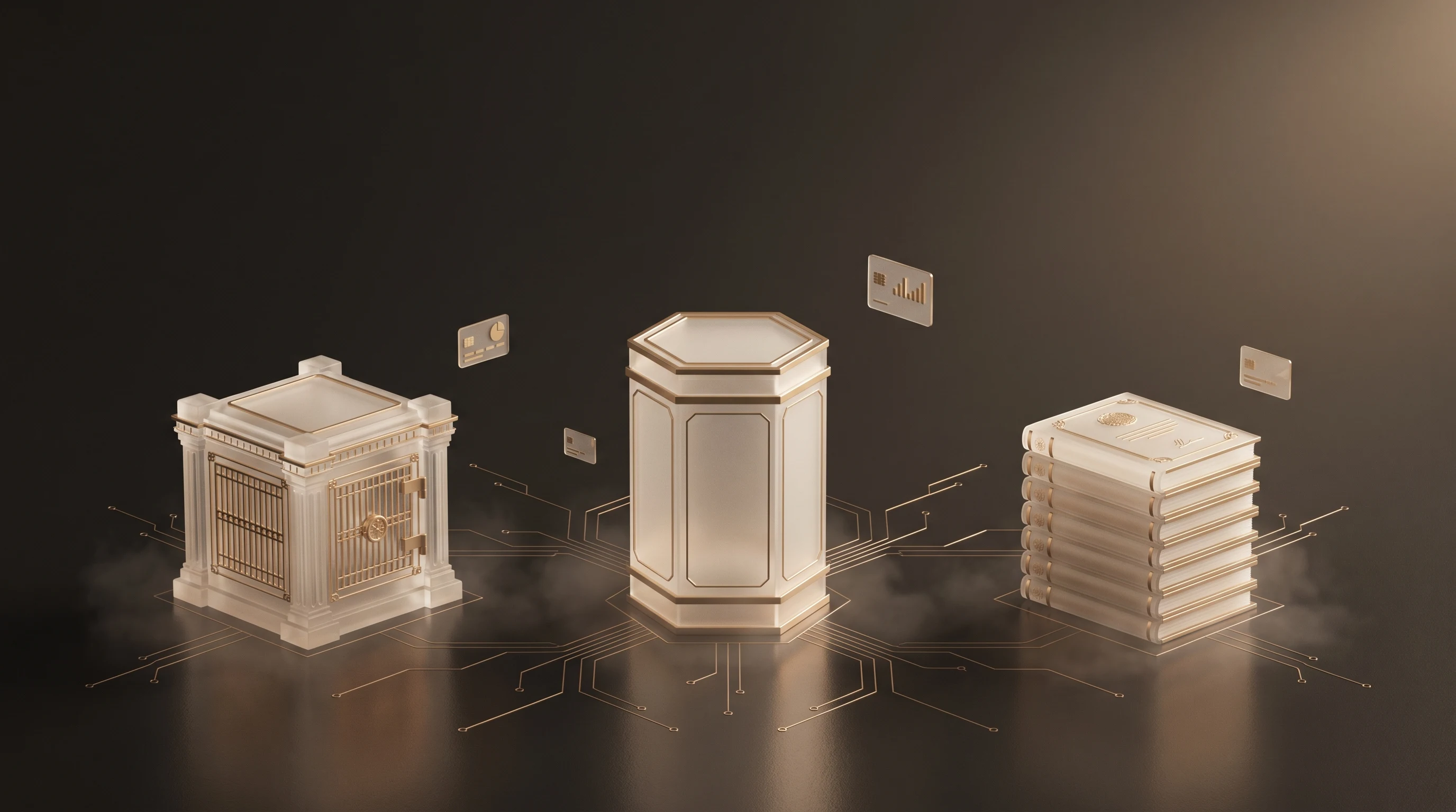 Three frosted-glass and gold-rimmed institutional objects on a warm charcoal field, representing the legal structure, token standard, and custody architecture of asset tokenization, connected by gold circuit lines