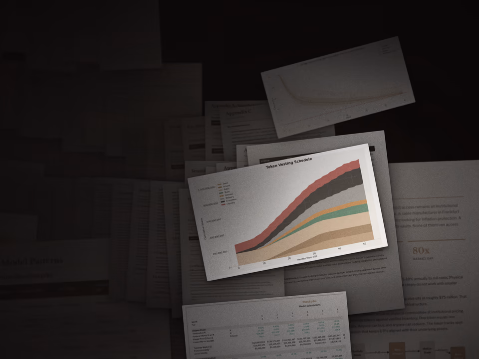 Printed pages from a finished data room laid across a desk: a token vesting schedule chart, allocation tables and whitepaper pages.