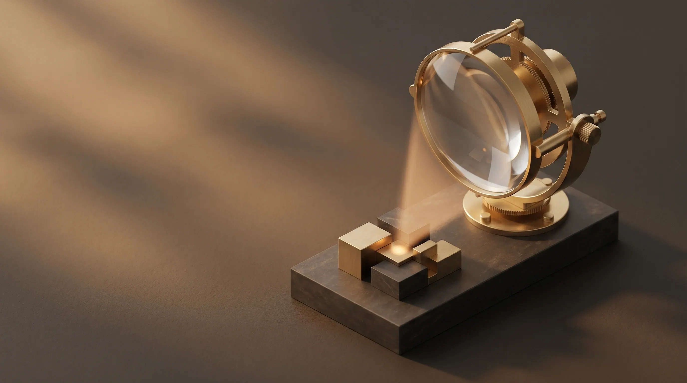 Precision lens on brass armature examining a token model